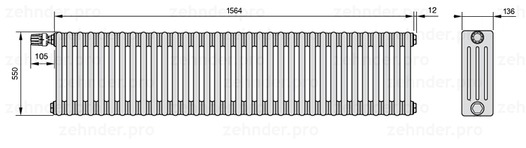 Схема (чертеж) Радиатор Zehnder Charleston 4055/34 №V012 Белый глянцевый RAL 9016